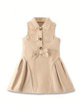 Girls' Chic Academy Style Sleeveless A-Line Dress With Decorative Flap Collar And 3D Bow, Summer